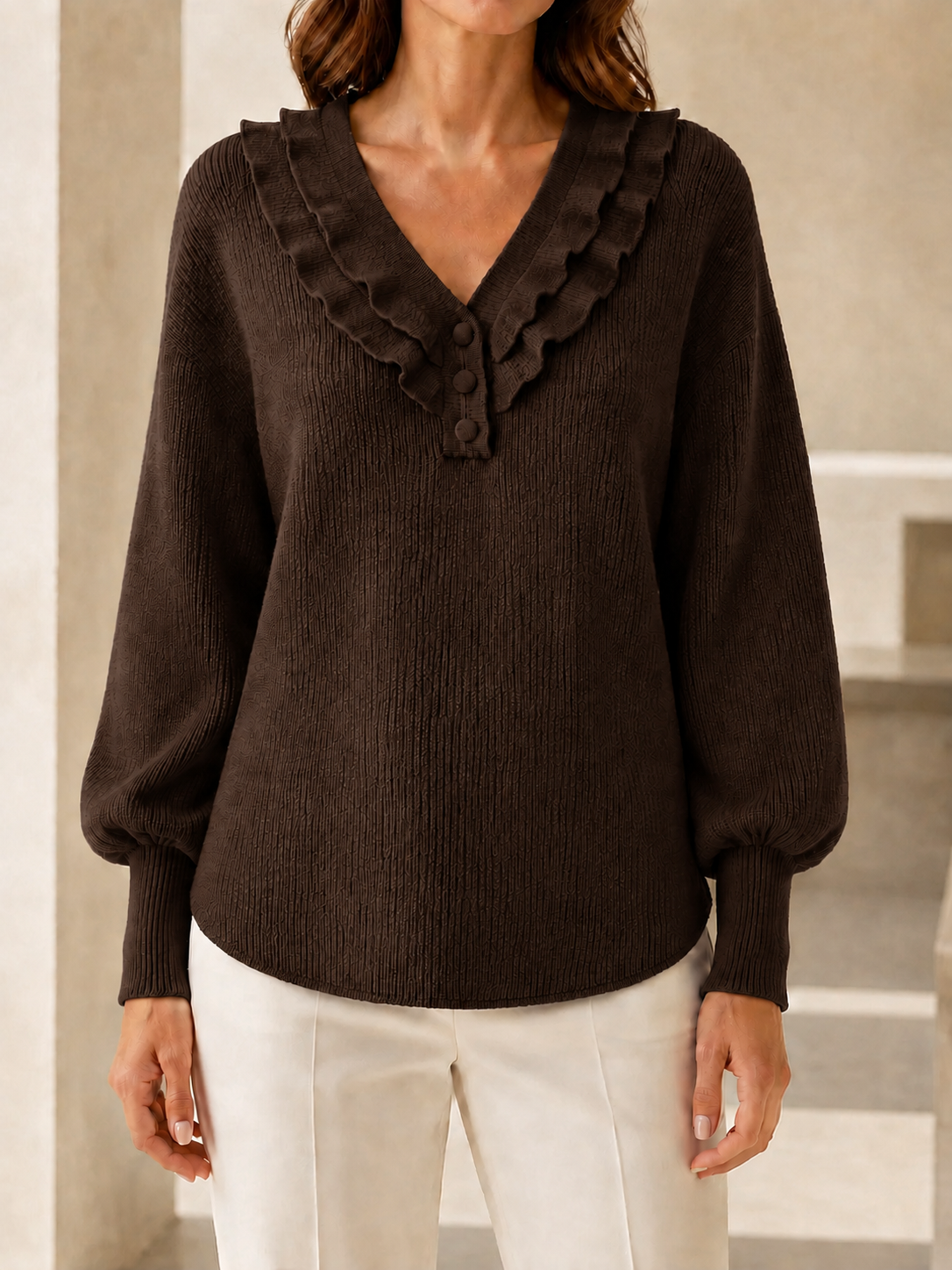  New Arrivals🔥Women’s Ruffle V-Neck Button-Detail Knit Sweater with Balloon Sleeves