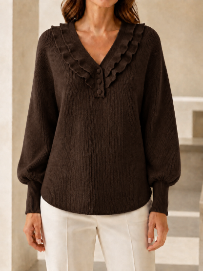  New Arrivals🔥Women’s Ruffle V-Neck Button-Detail Knit Sweater with Balloon Sleeves