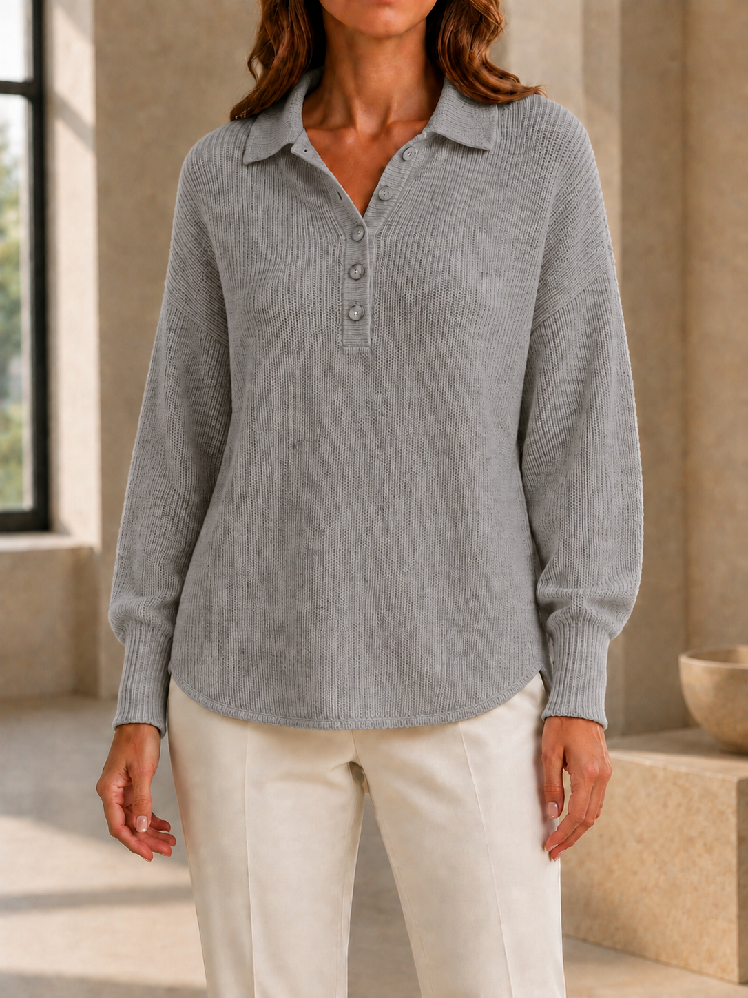 New Arrivals🔥Women’s Casual Polo Collar Button-Detail Knit Sweater with Relaxed Fit