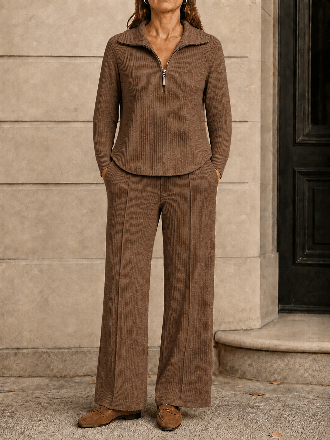 New Arrival 🔥Women’s Quarter-Zip Textured Knit Sweater and Straight-Leg Pants Two-Piece Set