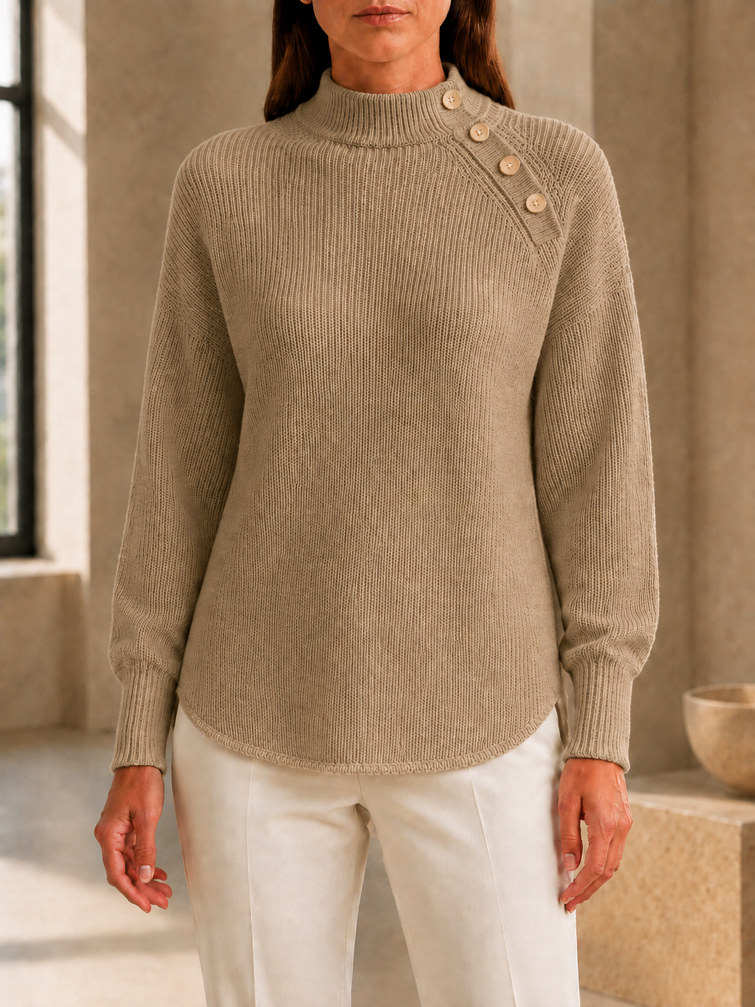 CLEARANCE SALE🔥Women’s Mock Neck Button-Detail Relaxed Fit Knit Sweater
