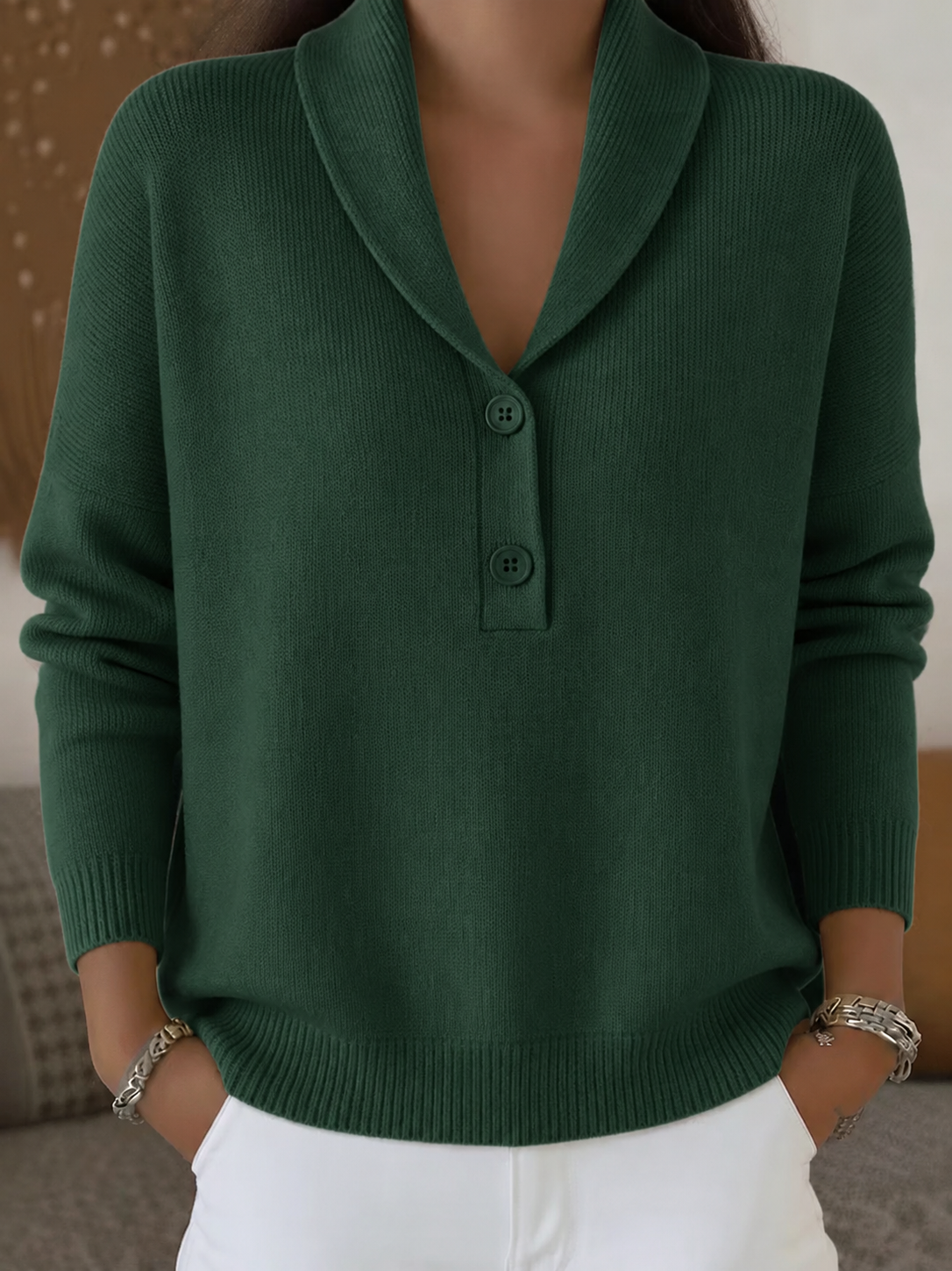 CLEARANCE SALE🔥Women’s Shawl Collar Button-Detail Relaxed Fit Knit Sweater