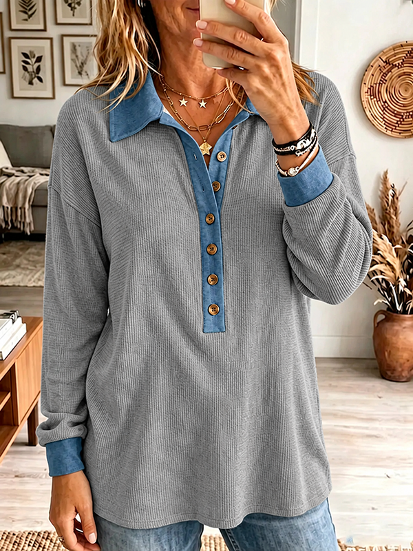 Women's Denim Trim Waffle Knit Henley Top