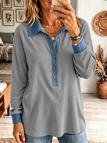 Women's Denim Trim Waffle Knit Henley Top