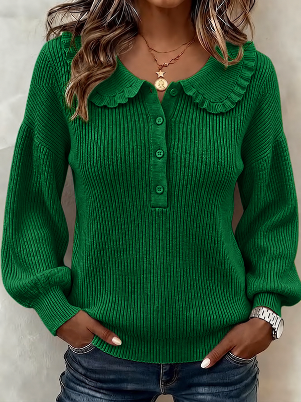 CLEARANCE SALE💥Ruffled Ribbed Knit Sweater With Partial Button Placket