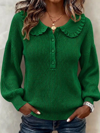 CLEARANCE SALE💥Ruffled Ribbed Knit Sweater With Partial Button Placket