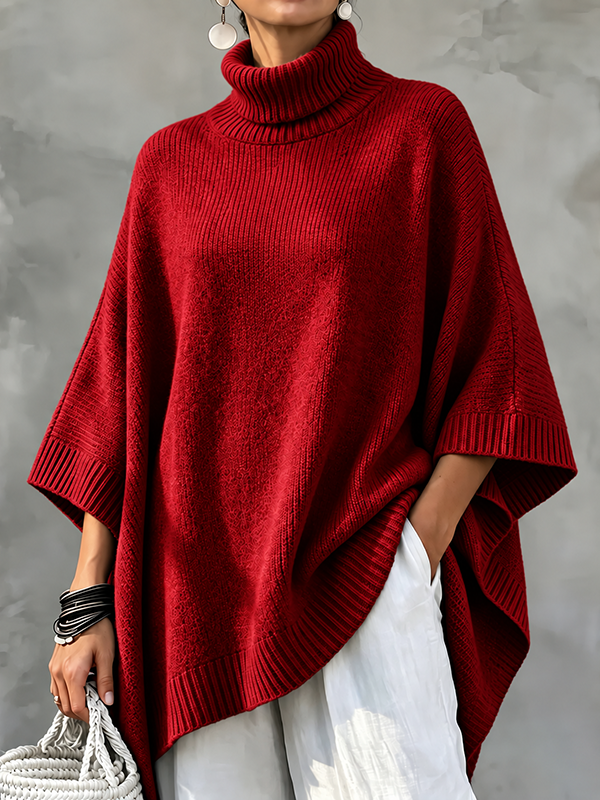 CLEARANCE SALE🔥Women’s Turtleneck Oversized Knit Poncho Sweater with Asymmetrical Hem