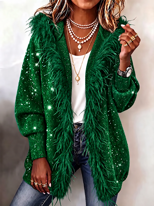 Women’s Sequin Feather-Trim Open-Front Party Cardigan Jacket