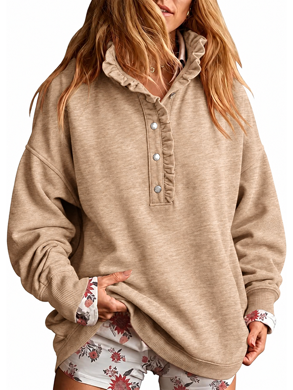 Women’s Ruffle Collar Henley Button Relaxed Fit Sweatshirt