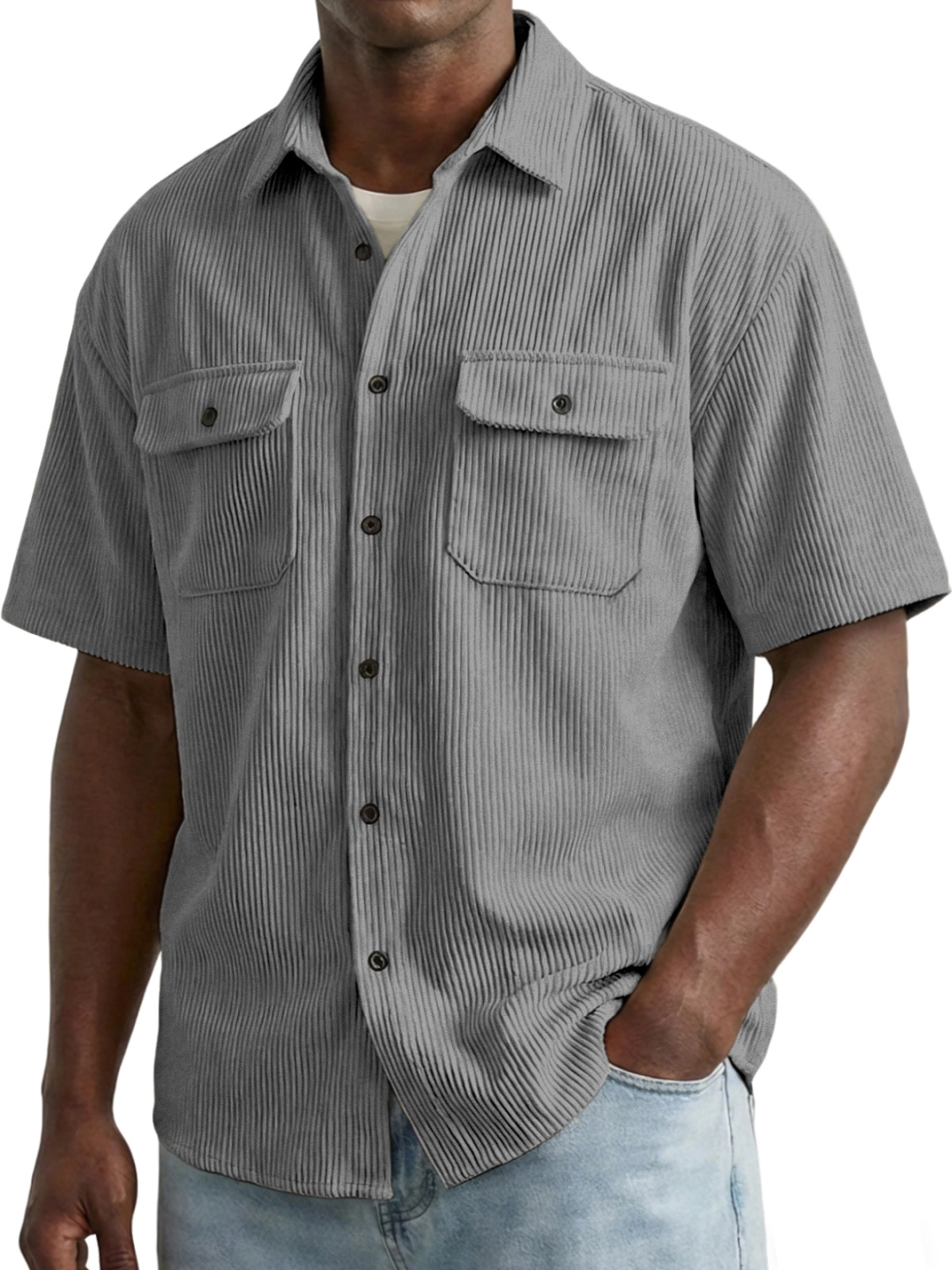 Men's Retro Solid Color Vertical Ribbed Double Pocket Short-Sleeve Shirt
