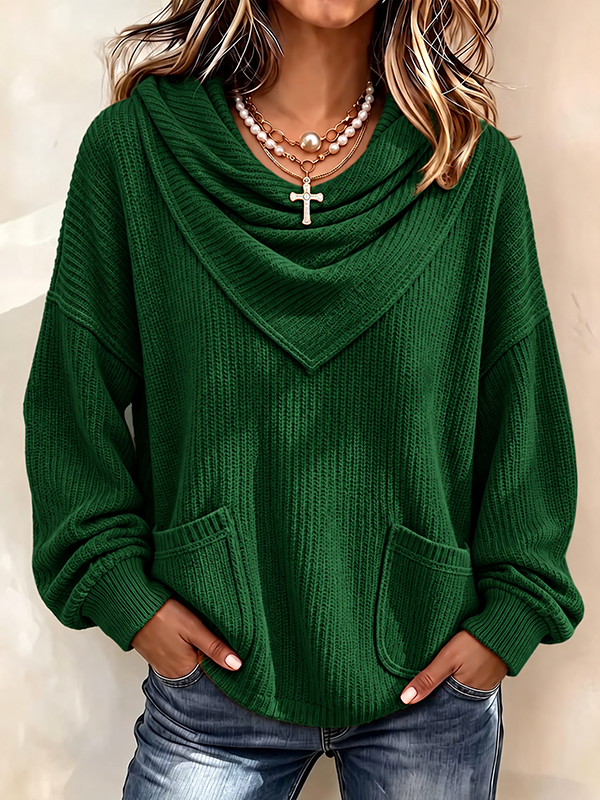 CLEARANCE SALE🔥Women’s Draped Cowl Neck Ribbed Knit Pullover Sweater with Pockets