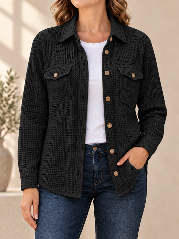 CLEARANCE SALE🔥Women’s Textured Waffle Knit Button Front Collared Shacket with Flap Pockets