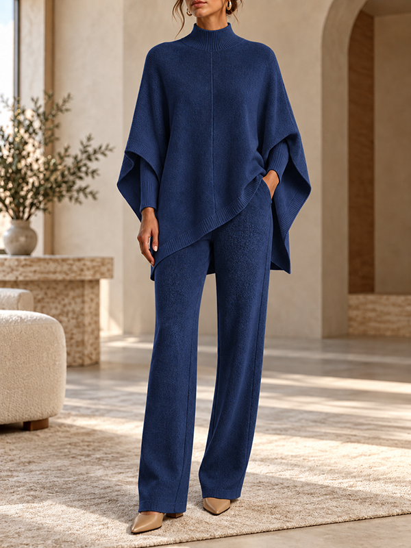 Women’s Turtleneck Asymmetrical Poncho Sweater and Straight-Leg Pants Two-Piece Set
