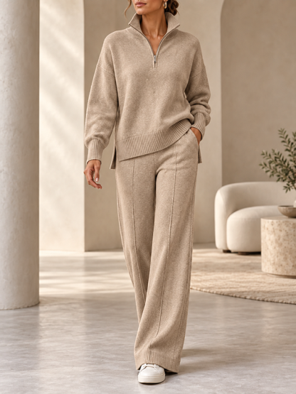 Women’s Quarter Zip Knit Sweater and Wide-Leg Pants Two-Piece Set