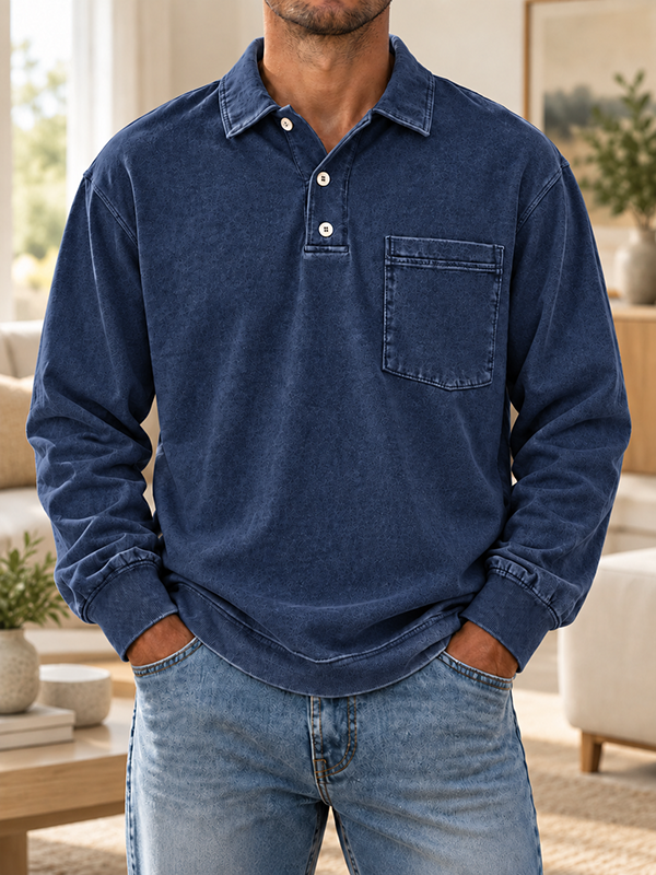 Men’s Vintage Washed Polo Collar Long Sleeve Pullover Shirt with Chest Pocket
