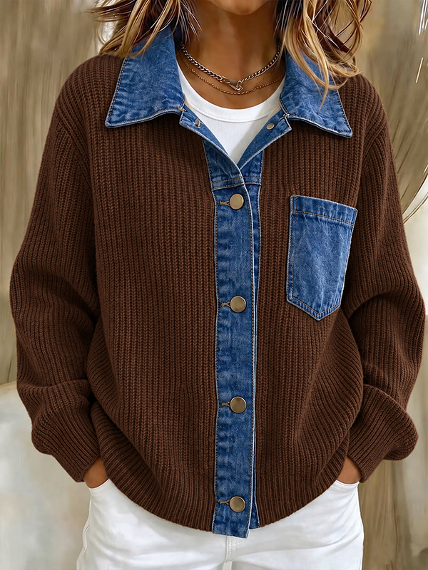 New Arrival 🔥Women’s Contrast Denim Collar Button Front Knit Cardigan with Chest Pocket