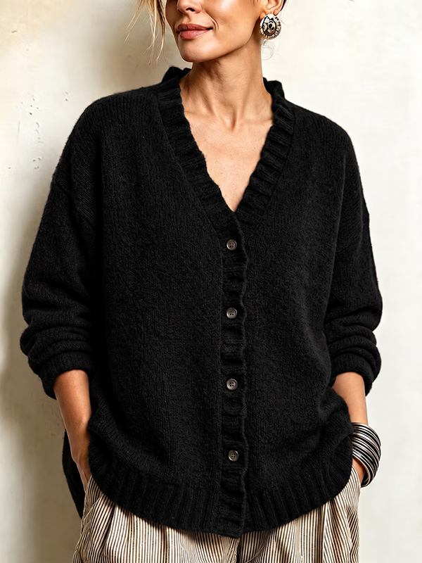 CLEARANCE SALE🔥Women’s Ruffle Trim V-Neck Button-Front Textured Knit Cardigan Sweater