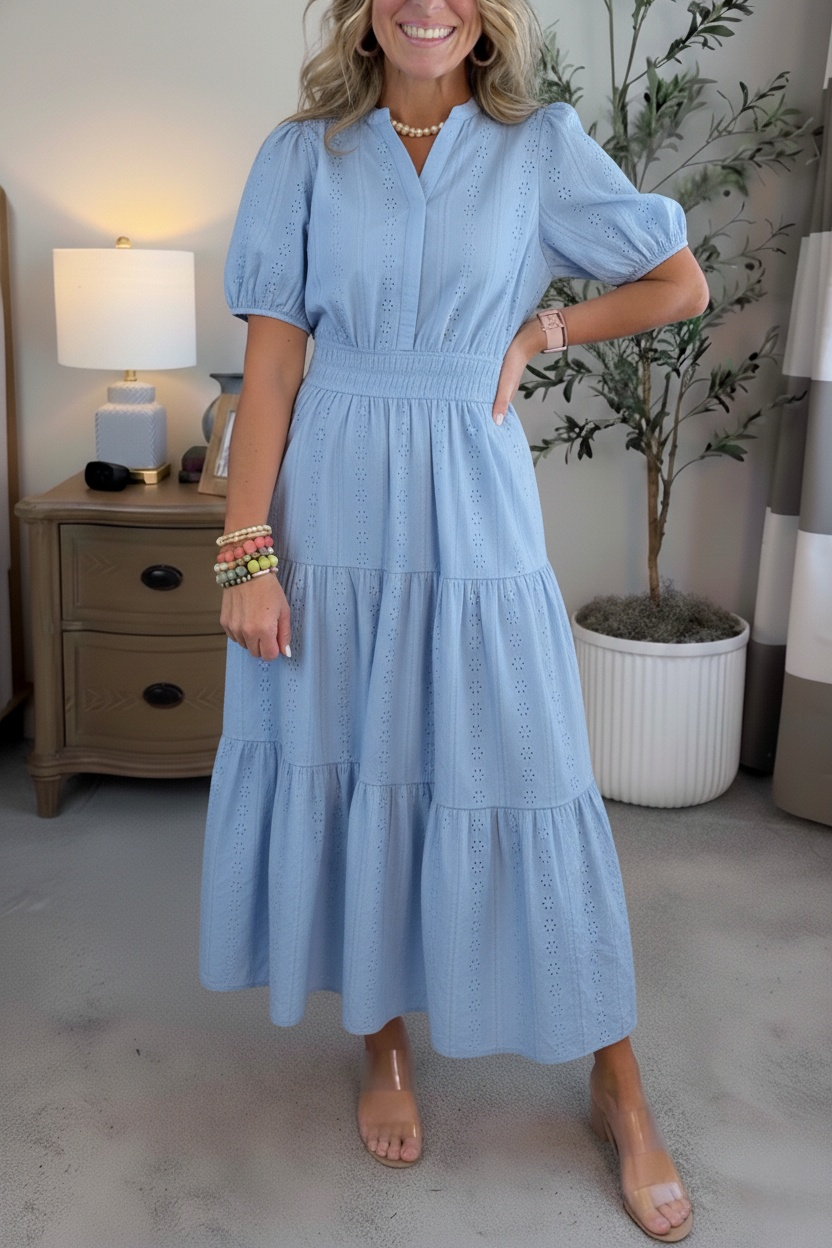 NEW🔥Women’s Puff Sleeve V-Neck Smocked Maxi Dress