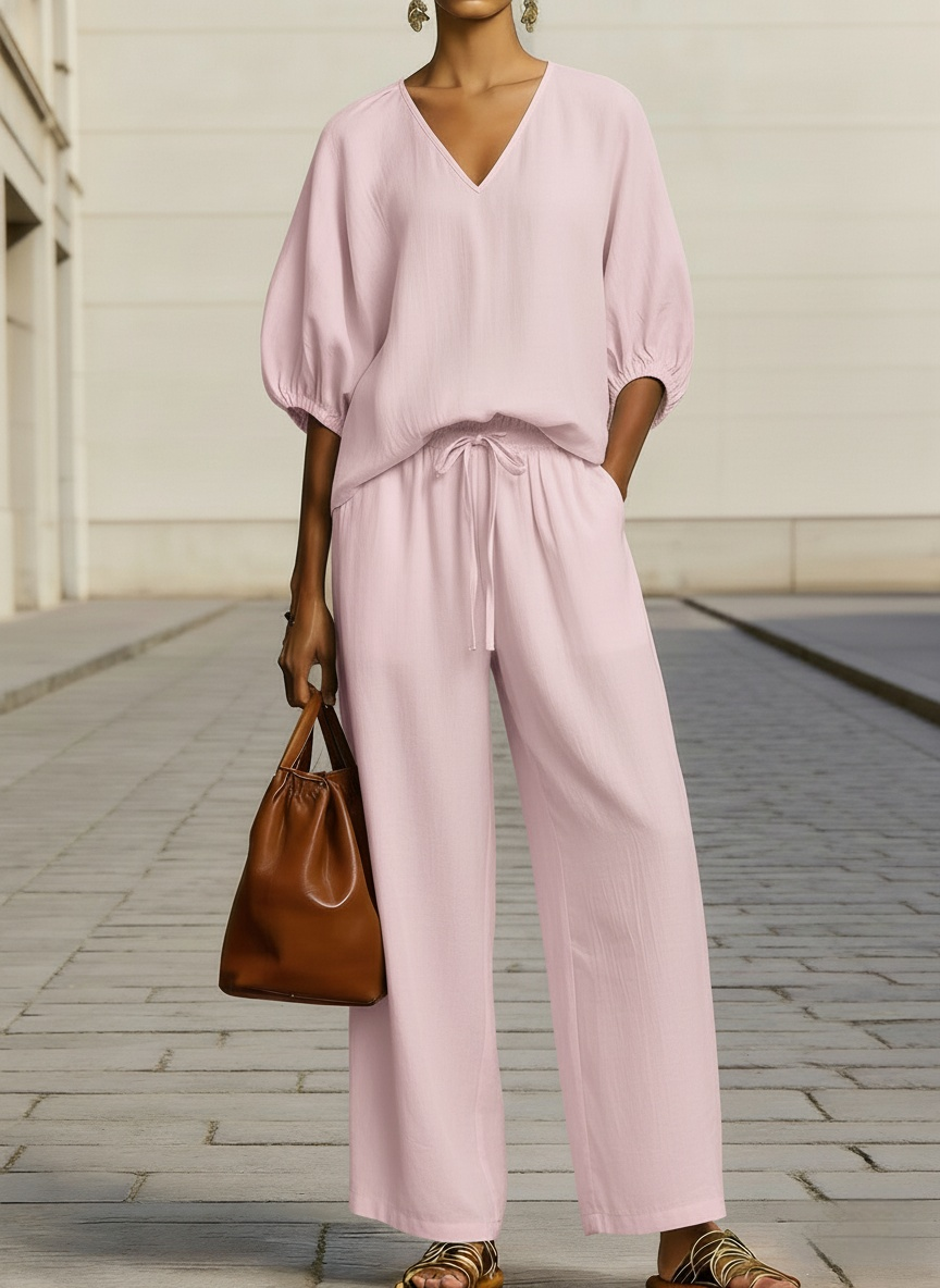 Women's Minimalist Casual Cotton-linen V-neck Set