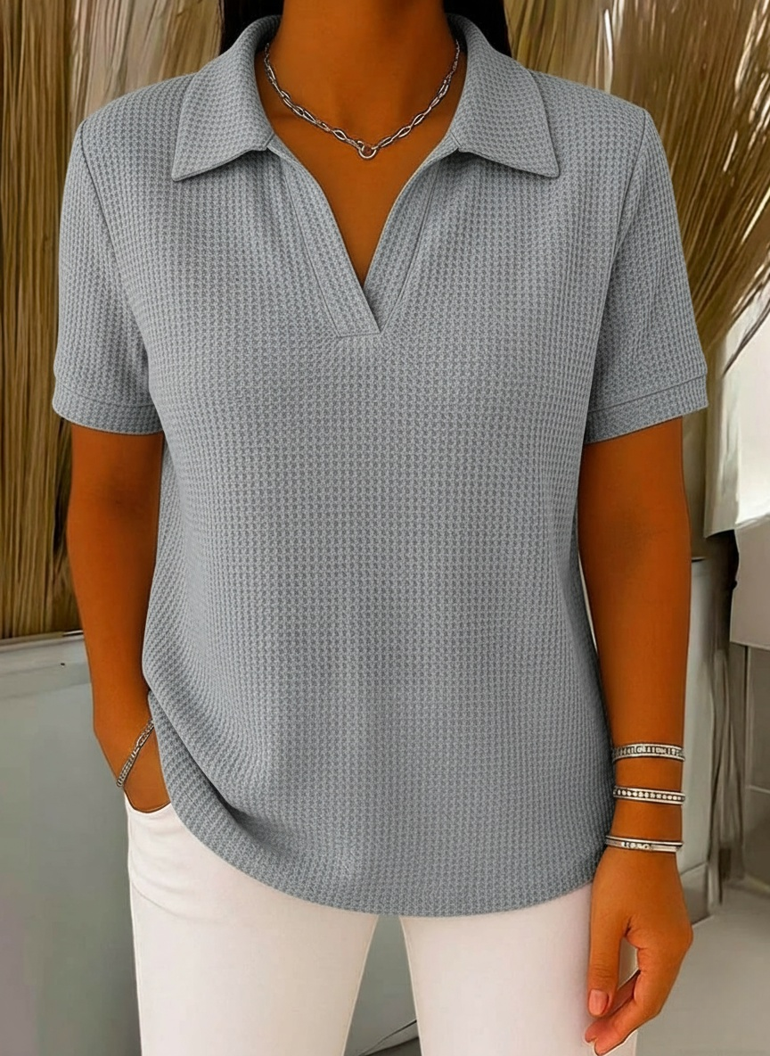 Women's Solid-color V-neck Short-sleeve Casual Waffle-knit Cotton Top