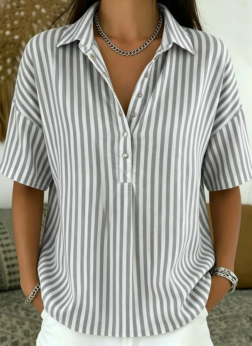 Casual Striped Polo Collar Snap Buttons Cotton-linen Shirt