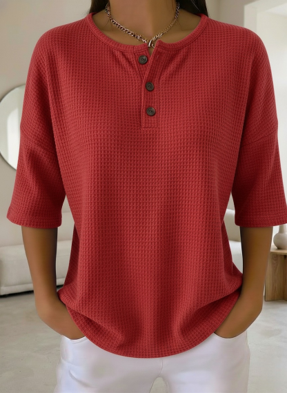 New Arrivals🔥Women's Casual Waffle Henry Collar 4/3 Sleeves T-shirt