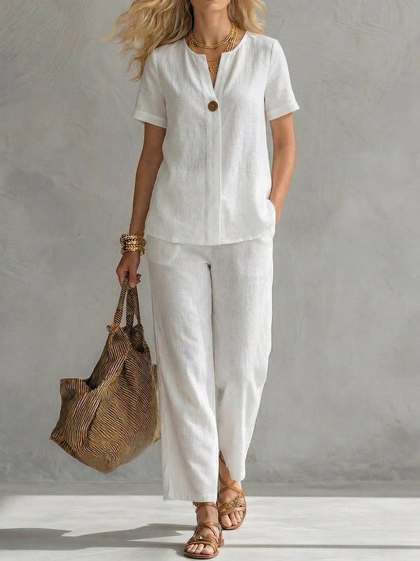 New Arrivals🔥Women's Cotton-Linen Short-Sleeve V-Neck Top and Trousers Set