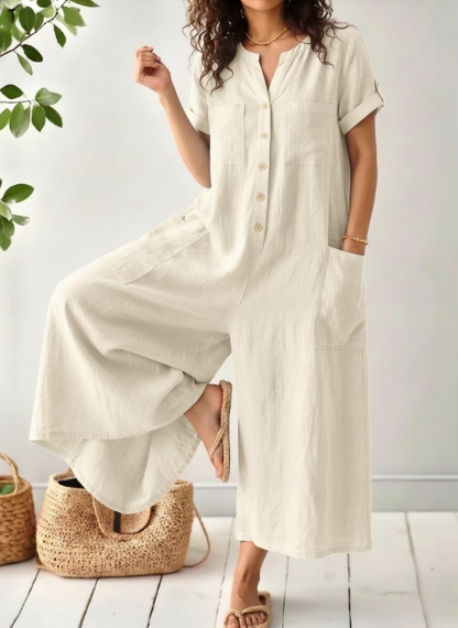 Casual Short-sleeve Linen-cotton Wide-leg Jumpsuit