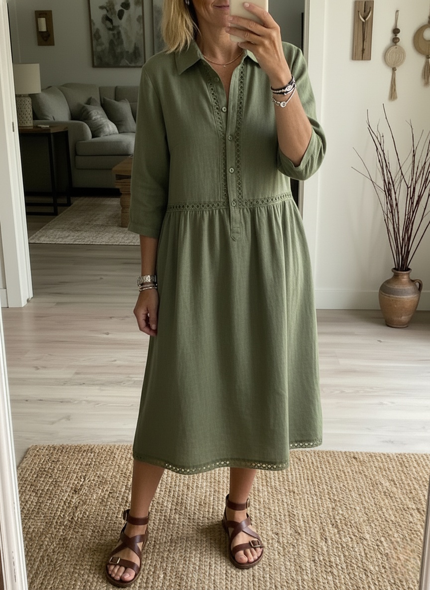 Casual Patchwork Openwork Ribbon Linen And Cotton Dress