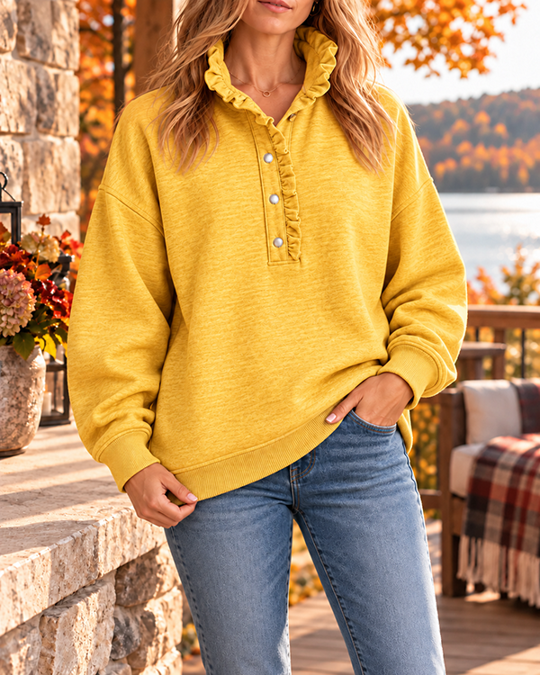 CLEARANCE SALE🔥Women’s Ruffle Collar Henley Button Relaxed Fit Sweatshirt