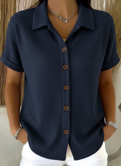 Casual Polo-collar Button-up Waffle Shirt