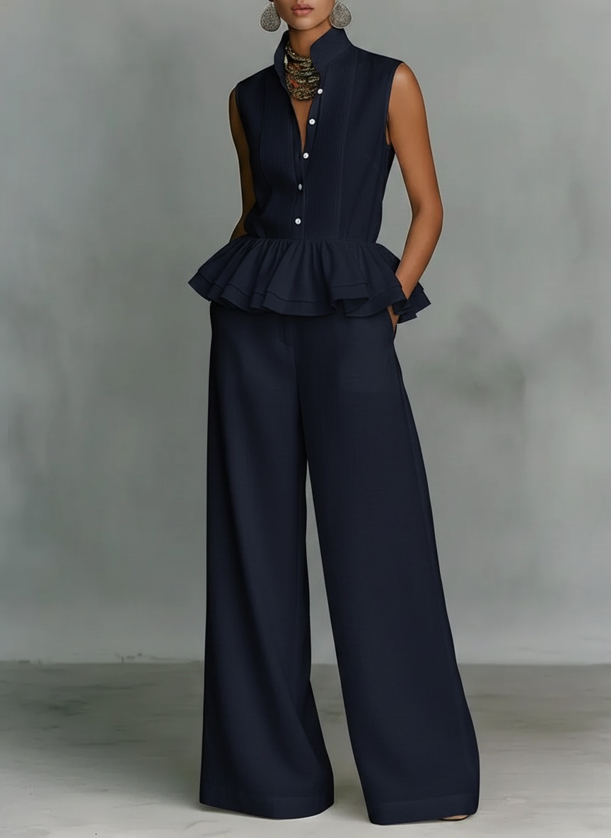 New Arrivals🔥 Women's Office Style Stand Collar Ruffle Sleeveless Top & Wide-leg Pants Set