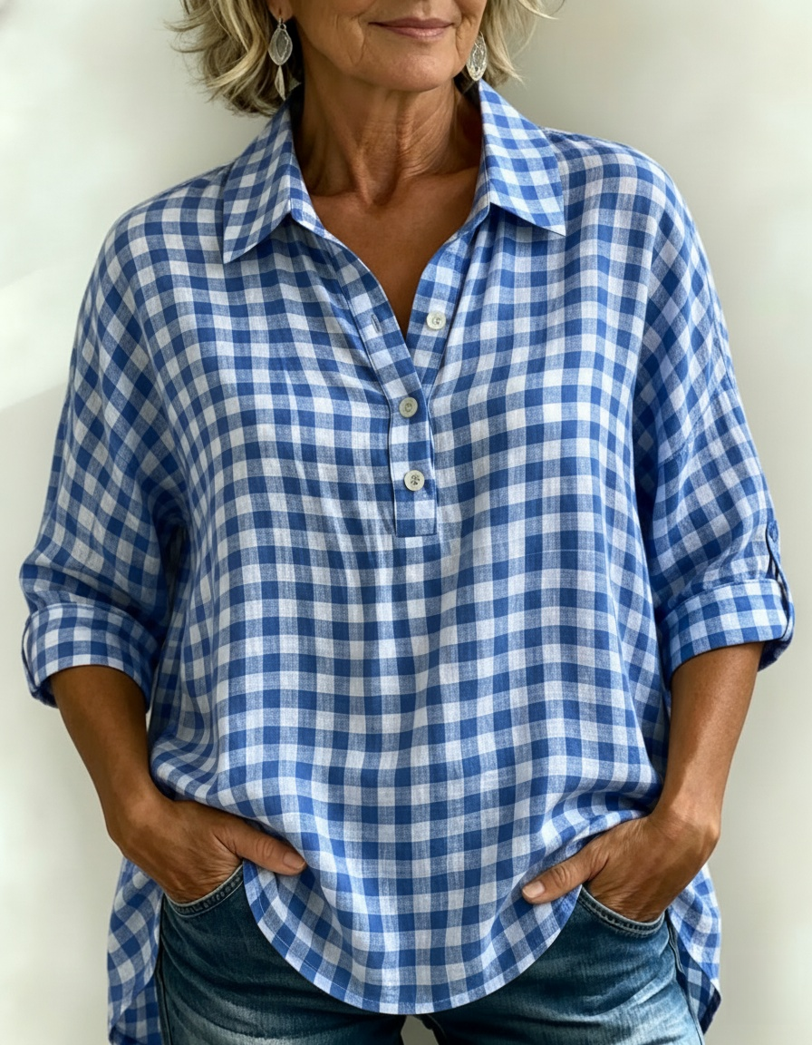 New Arrivals🔥Women's Gingham Henley Linen Look Shirt