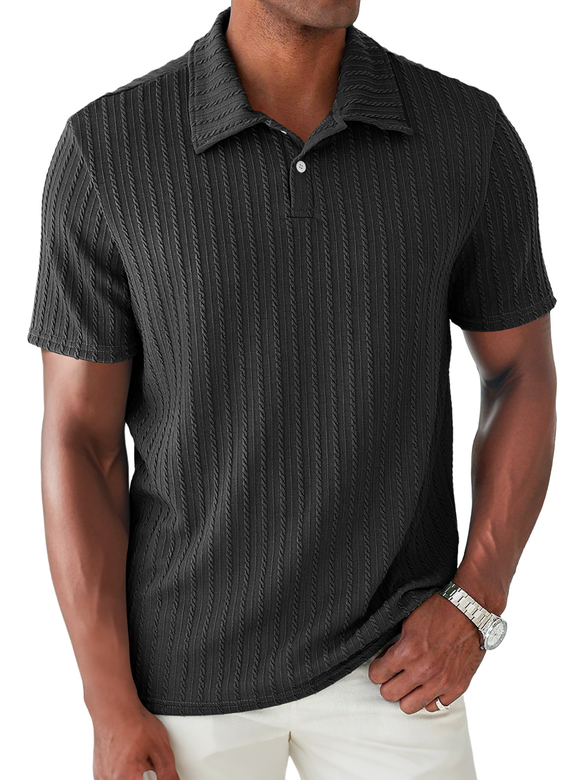 Men's Daily Jacquard Texture Lapel Button Casual Short Sleeve POLO Shirt