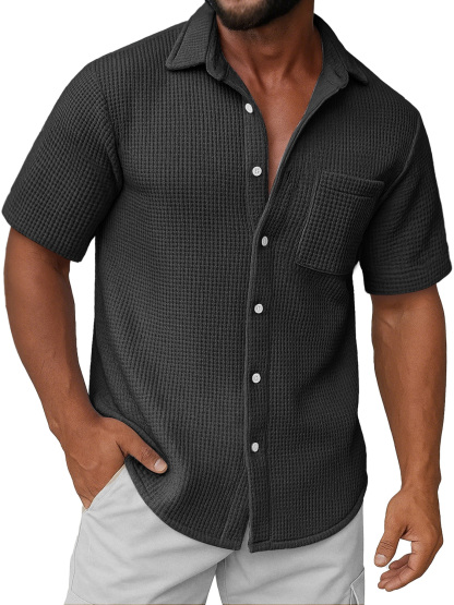 Men's Daily Waffle Texture Casual Pocket Comfort Short Sleeve Shirt