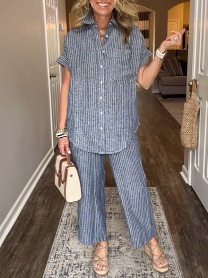 ⏰ LAST DAY SAVE 50% 💥Cotton Linen Striped Classic Pocket Shirt Set