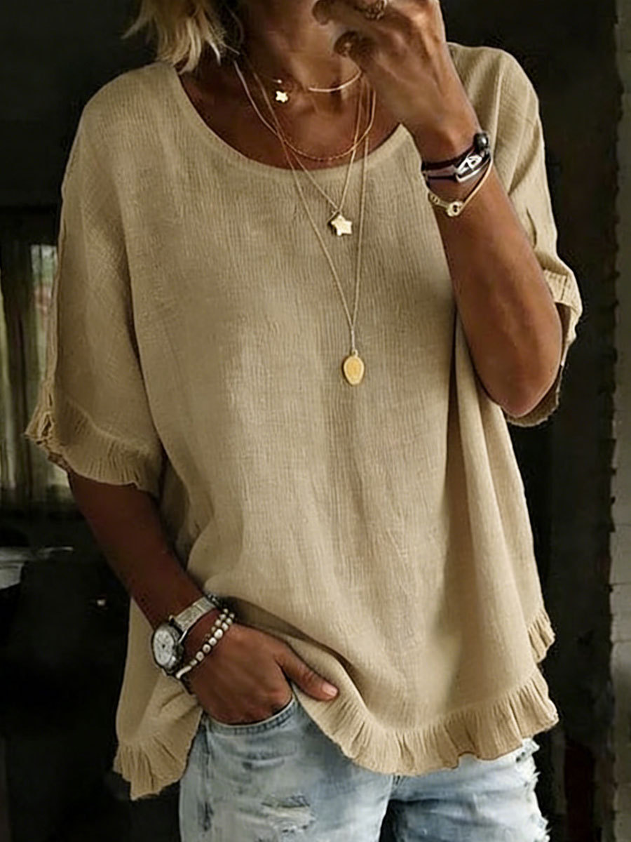 Women's Short-sleeved Round Neck Cotton Linen Solid Color Loose Shirt