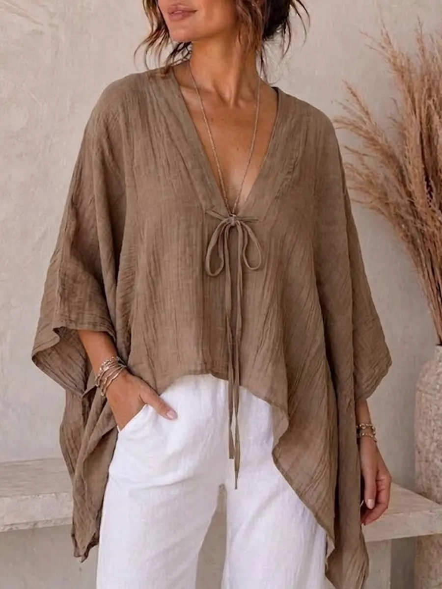 Women's Casual Loose Batwing Sleeve Tie Cotton Linen Top