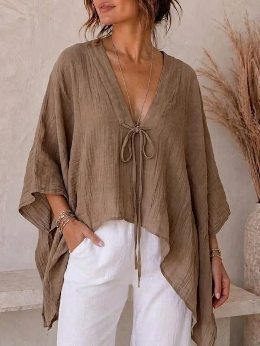 Women's Casual Loose Batwing Sleeve Tie Cotton Linen Top