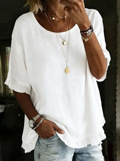 Women's Short-sleeved Round Neck Cotton Linen Solid Color Loose Shirt