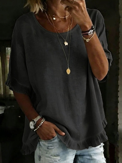Women's Short-sleeved Round Neck Cotton Linen Solid Color Loose Shirt