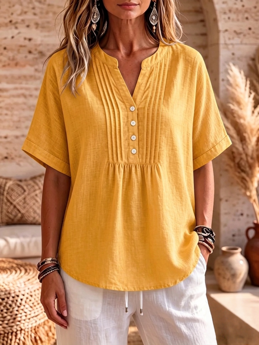 Clearance Sale🔥Women's Pleated V-Neck Linen Blouse