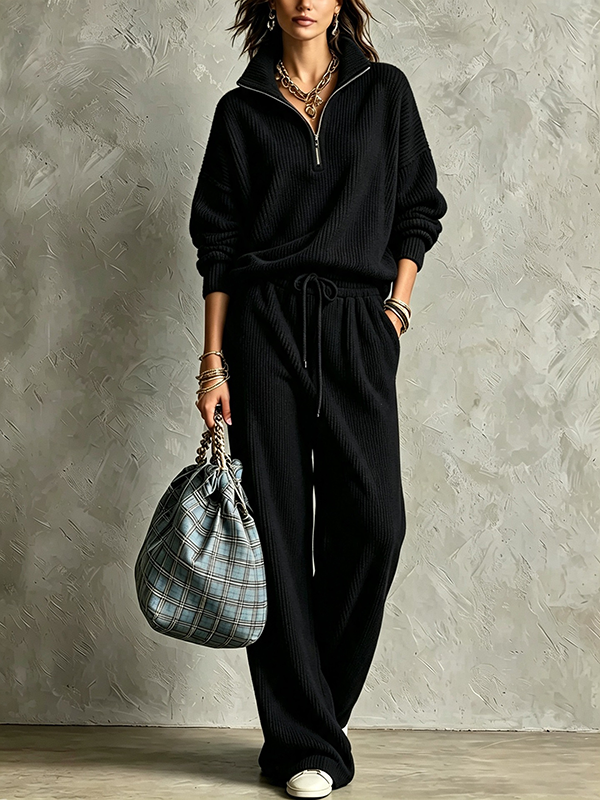 CLEARANCE SALE🔥Women’s Corduroy Stand Collar Casual Set Zip-Up Jacket & Wide Leg Pants Two-Piece Outfit