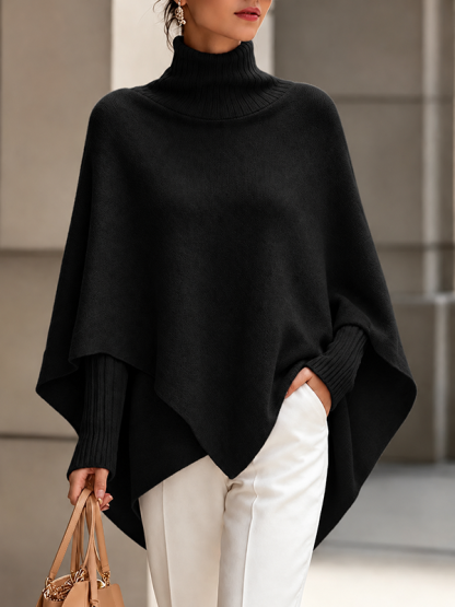 CLEARANCE SALE🔥Women's Solid-Color High-Neck Long-Sleeve Loose-Fit Cape-Style Knit Top