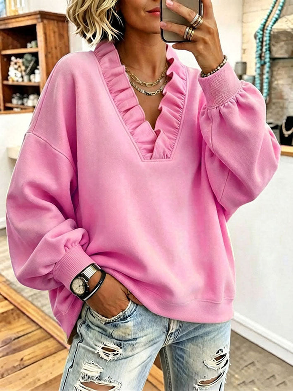 CLEARANCE SALE💥Women’s  Cozy Oversized Vibrant Pink Ruffled Sweatshirt