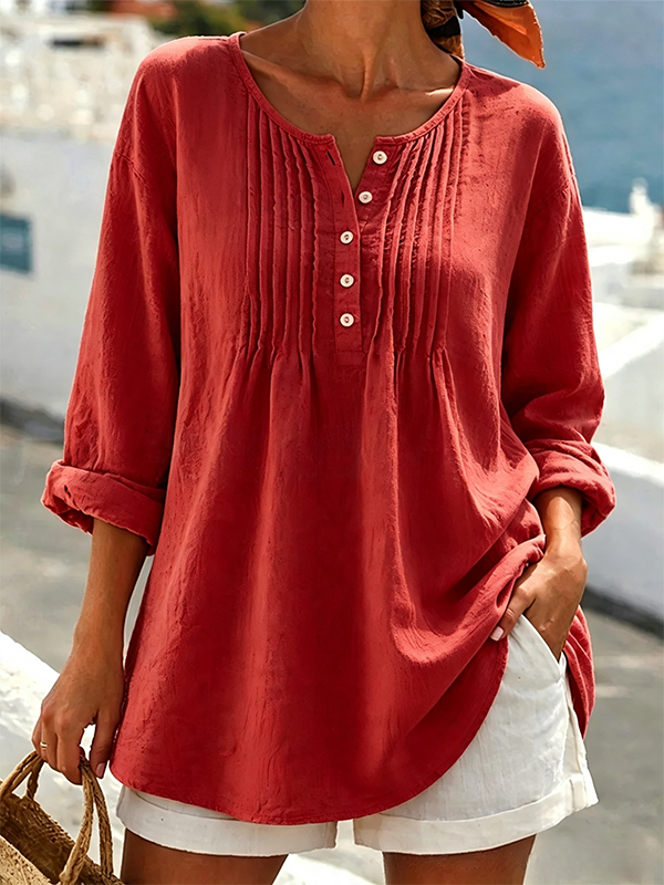 New Arrivals🔥Women's Solid Color Round Neck Long-sleeved Casual Loose Pleated Cotton And Linen Top