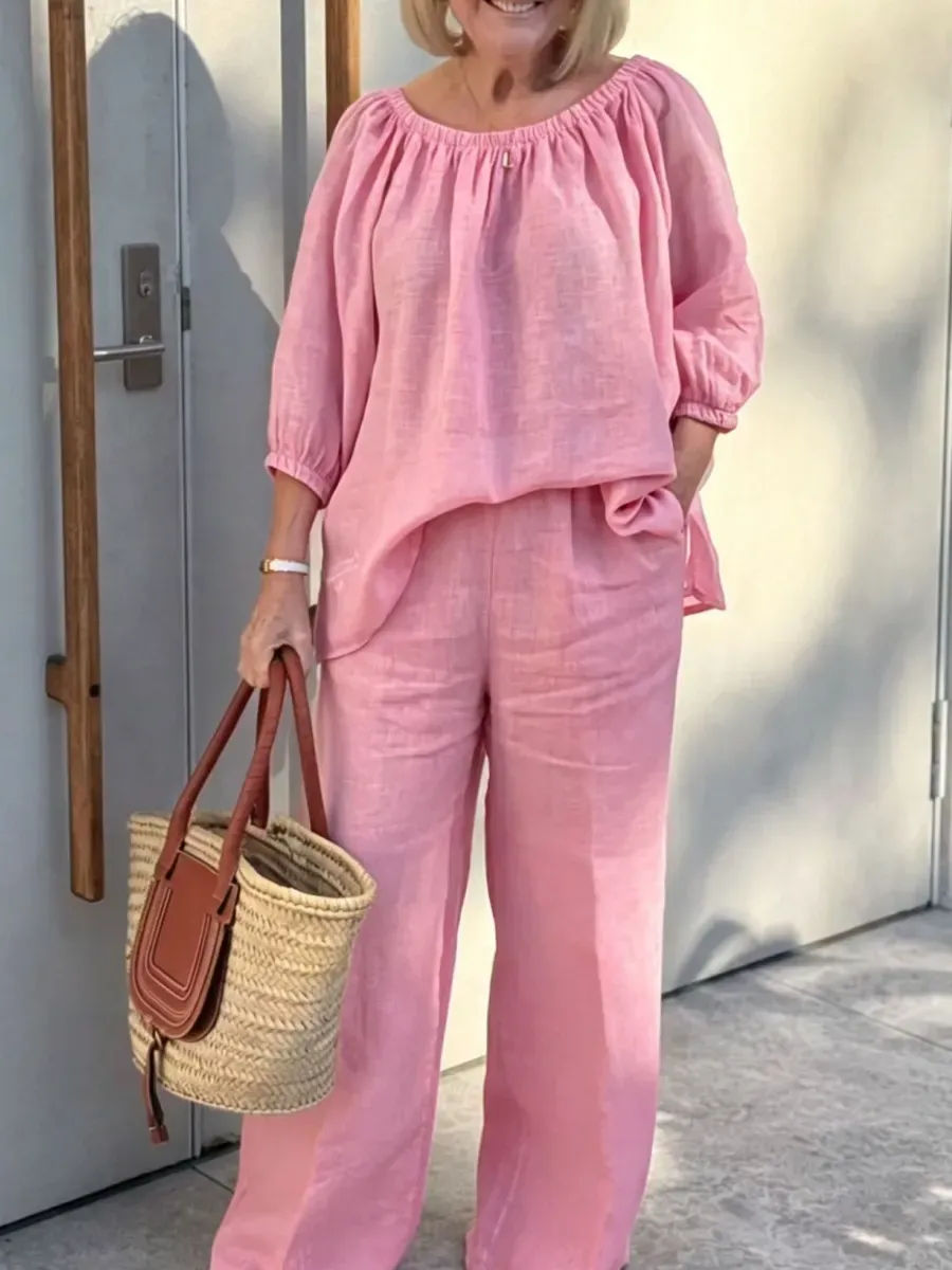 Women'S Linen Shirt And Trousers Two-Piece Set