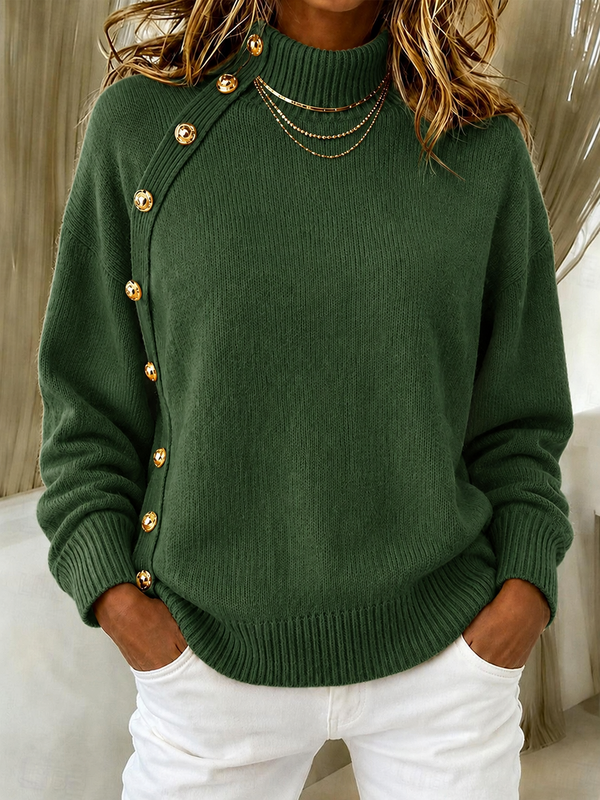 CLEARANCE SALE🔥Women's Elegant Crimson Asymmetrical Button Turtleneck Sweater