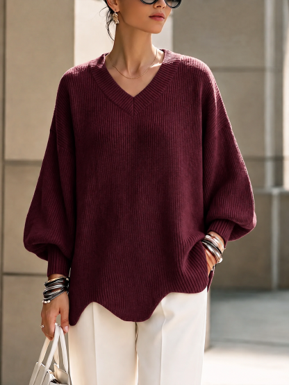CLEARANCE SALE🔥Women's Solid Color V-neck Long-sleeved Casual Loose Pullover Knit Sweater