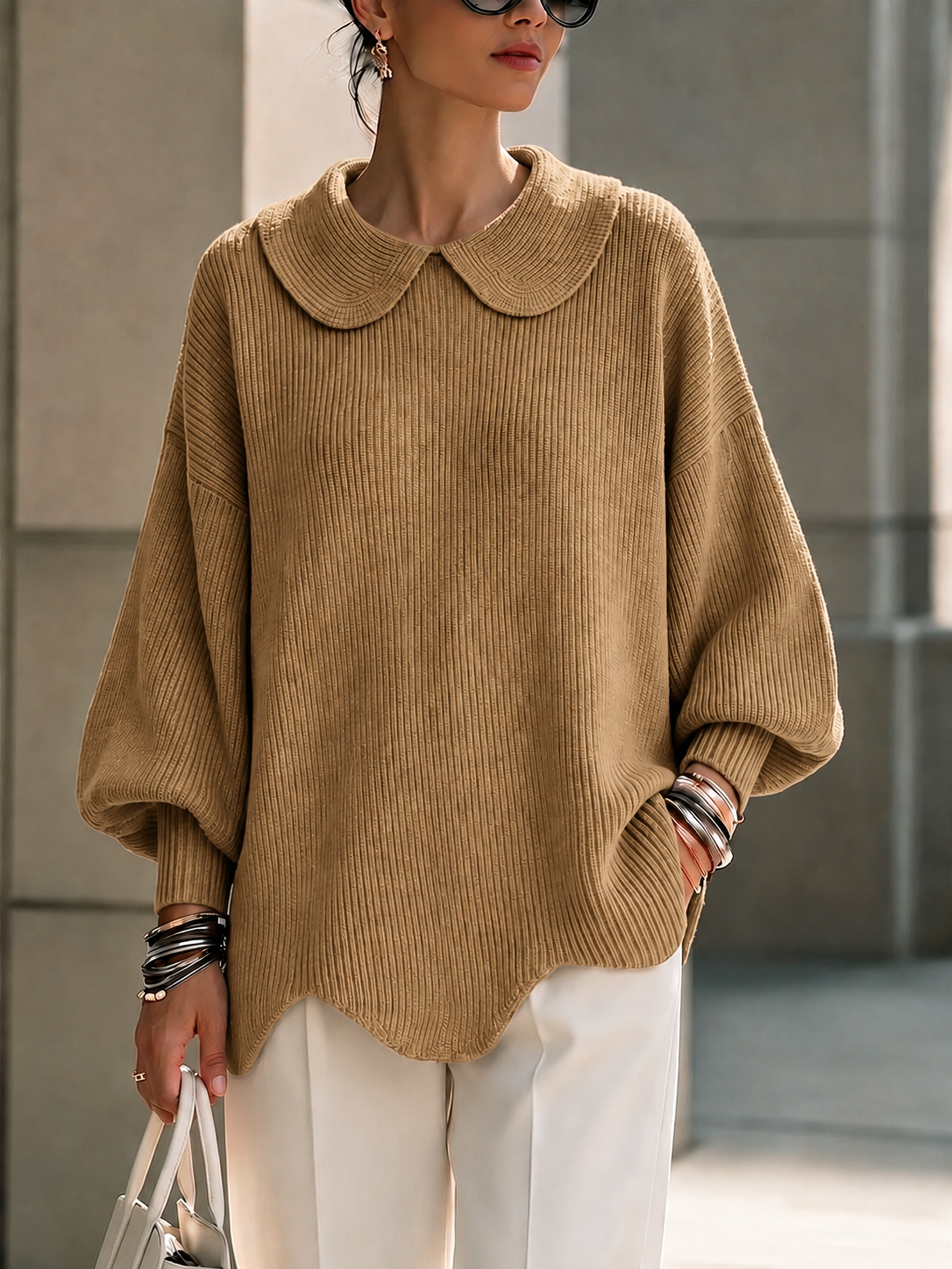 CLEARANCE SALE🔥Women's Solid Color Peter Pan Collar Long Sleeve Casual Loose Pullover Knit Sweater